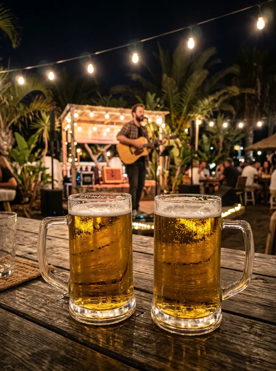 Deux chopes de bière sur une terrasse la nuit avec musique live (image d’illustration)